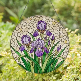 Blooming Purple Iris Flowers Stained Glass Mosaic Art Tiffany Style Home Decor Gift Stained Glass Suncatcher