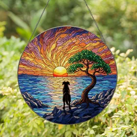 Stained Glass Black Dog Tree Sunset Seascape Artwork - Ocean Nature Lover Home Decor Gift Stained Glass Suncatcher