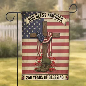 Cross American Flag Military Boots Poppies - USA 250th Anniversary God Bless America 1776-2026 Garden Flag
