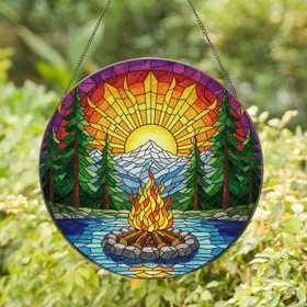 Campfire Pine Snow Mountain Lake Glowing Sunset - Stained Glass Style Nature Art Decor Stained Glass Suncatcher
