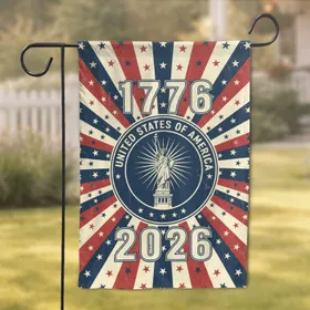 Statue of Liberty 1776-2026 - USA 250th Anniversary Patriotic Sunburst Design Garden Flag