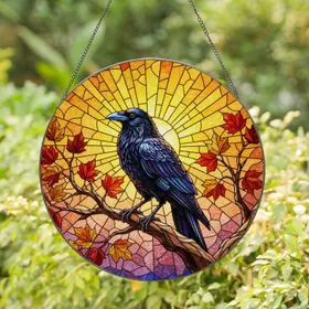 Black Crow Autumn Leaves Tiffany Stained Glass Sunset - Iridescent Jewel Tones Stained Glass Suncatcher
