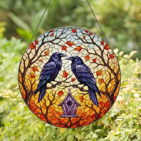 Black Ravens on Tree Branches Autumn Sunset Stained Glass Birdhouse - Jewel Tone Fall Decor Stained Glass Suncatcher