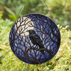 Tiffany Style Stained Glass Raven Full Moon Gnarled Tree Nocturnal Landscape Art Gift Stained Glass Suncatcher