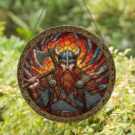 Viking Warrior Battle-Axe Horned Helmet Celtic Knot - Fiery Orange Red Gold Tiffany Style Art Stained Glass Suncatcher