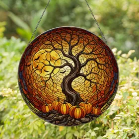 Gnarled Ancient Tree Full Moon Bats Pumpkins Tiffany Style - Autumn Fall Decor Gift Stained Glass Suncatcher