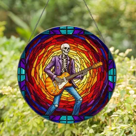 Grinning Skeleton Electric Guitar Tiffany Glass Mosaic - Teal Blue Geometric Border Art Stained Glass Suncatcher