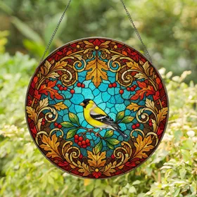 American Goldfinch Bird Tiffany Style Stained Glass Autumn Leaves Berries Teal Sky Stained Glass Suncatcher