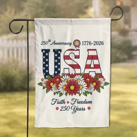 Distressed USA 250th Anniversary 1776-2026 Patriotic Daisies Faith Freedom American Heritage Garden Flag