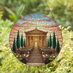Classical Temple Stained Glass Art – Greek Roman Architecture Glowing Sunrise Sunset Sky Stained Glass Suncatcher