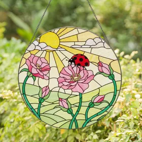 Red Ladybug Pink Flower Sun Mosaic Hills Tiffany Glass Decor Art for Nature Lovers Stained Glass Suncatcher