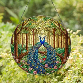 Two Peacocks Stained Glass Woodland Scene with Fanned Tails - Tiffany Style Forest Stained Glass Suncatcher