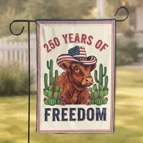 Highland Cow Cowboy Hat American Flag 250 Years Freedom Distressed Vintage Americana Garden Flag