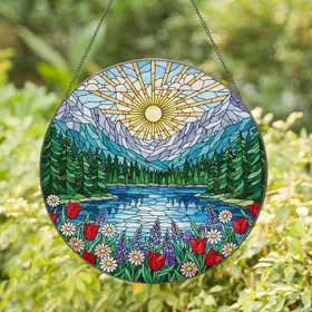 Radiant Sun Mountain Lake Pine Forest Blooming Flowers Snow-Capped Peaks Tiffany Glass Stained Glass Suncatcher