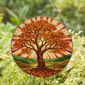 Stained Glass Autumn Tree Art - Gnarled Trunk, Fall Leaves, Rolling Hills Tiffany Style Stained Glass Suncatcher