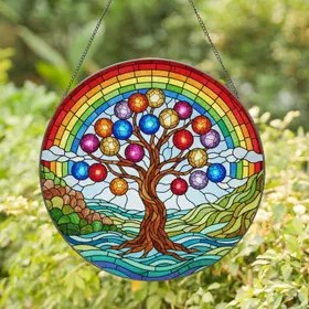 Stained Glass Tree with Multicolored Fruit & Rainbow Arc Landscape Jewel Tones Decor Stained Glass Suncatcher