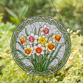 Vibrant Stained Glass Daffodils Mosaic Art Nouveau Border Tiffany Style Floral Stained Glass Suncatcher