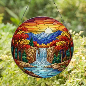 Stained Glass Waterfall River Rolling Mountains Autumn Trees Sunset Jewel Tones Stained Glass Suncatcher