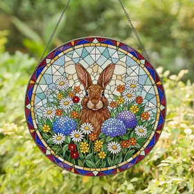 Brown Rabbit Abundant Spring Flowers Garden - Mosaic Stained Glass Jewel Tones Stained Glass Suncatcher