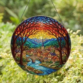 River Townscape Stained Glass with Mountain Sunset & Bare Trees Tiffany Art Window Decor Stained Glass Suncatcher