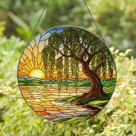 Ancient Weeping Willow Tree Sunset Stained Glass Art - Tranquil Water Nature Landscape Decor Stained Glass Suncatcher