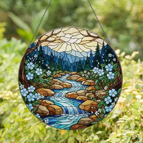 Stained Glass River Rock Blue Flower Evergreen Forest Mountain Scenic Landscape Art Stained Glass Suncatcher