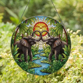 Elephant Couple Trunks Heart Stained Glass - Tiffany Jungle Art Home Decor Gift Stained Glass Suncatcher