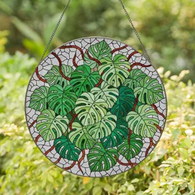 Monstera Leaves Stained Glass - Distinctive Split Leaf Tropical Botanical Mosaic Art Stained Glass Suncatcher