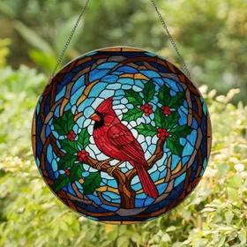Tiffany Style Cardinal Bird Holly Berries Mosaic Suncatcher - Nature Inspired Home Decor Stained Glass Suncatcher