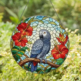 African Grey Parrot Stained Glass Tropical Flowers - Window Art Decor for Bird Lovers Stained Glass Suncatcher