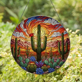 Saguaro Cactus Desert Landscape Tiffany Stained Glass Art - Flowering Cacti Succulent Mosaic Stained Glass Suncatcher