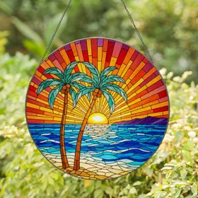 Tropical Beach Palm Trees Stained Glass Mosaic - Ocean Sunset Scene Stained Glass Suncatcher