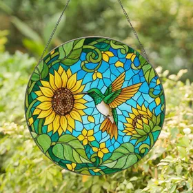 Tiffany Stained Glass Green Hummingbird Sunflower Mosaic - Blue Sky & Green Foliage Detail Stained Glass Suncatcher