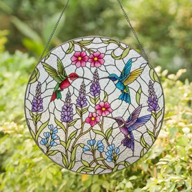 Intricate Vibrant Hummingbirds Floral Tiffany Stained Glass Style Jewel Tones Shimmering Mosaic Stained Glass Suncatcher