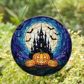Jack-o'-lantern Haunted Castle Full Moon Bats - Tiffany Stained Glass Halloween Decor Stained Glass Suncatcher