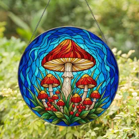 Mushroom Red Cap Intricate Tiffany Stained Glass Mosaic - Berries Foliage Blue Teal Sky Stained Glass Suncatcher