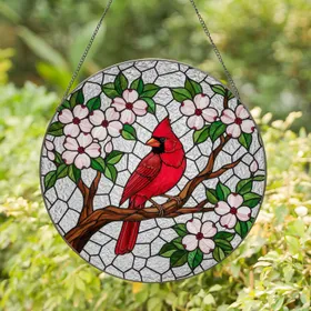 Red Cardinal Bird Dogwood Blossoms Stained Glass Mosaic Art Gnarled Branch Jewel Tones Stained Glass Suncatcher