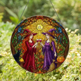 Two Witches Toasting Red Wine, Stained Glass Autumn Forest Black Cat Jack-O'-Lantern Stained Glass Suncatcher