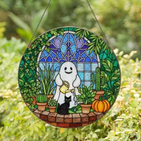 Friendly White Ghost Watering Black Cat & Potted Plants - Stained Glass Arched Window Art Stained Glass Suncatcher