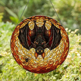 Dark Bat Glowing Eyes Jack-O-Lantern Spider Halloween Decor - Tiffany Style Gift Stained Glass Suncatcher