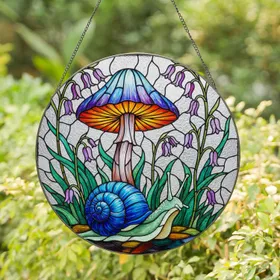 Detailed Mushroom Snail Stained Glass Tiffany Art - Iridescent Bell Flowers Mosaic Jewel Tones Stained Glass Suncatcher