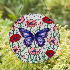 Blue Purple Butterfly Red Poppy Stained Glass Mosaic Tiffany Style Home Decor Gift Stained Glass Suncatcher