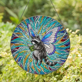 Raccoon Reading Book Butterfly Wings Stained Glass Tiffany Mosaic Celestial Decor Stained Glass Suncatcher