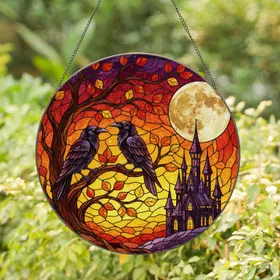 Black Ravens Gothic Castle Full Moon Stained Glass Gnarled Autumn Tree Branches Intricate Art Stained Glass Suncatcher