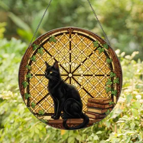 Black Cat Stained Glass Window, Ivy, Ancient Books - Arched Glowing Jewel Tone Art Gift Stained Glass Suncatcher