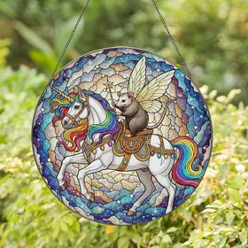 Fairy Possum Unicorn Stained Glass, Tiffany Style, Rainbow Mane, Iridescent Wings Stained Glass Suncatcher