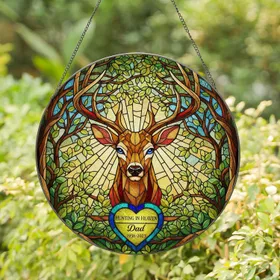 Stained Glass Deer Head Antlers Forest Memorial - Hunting In Heaven Dad 1938-2023 Remembrance Stained Glass Suncatcher