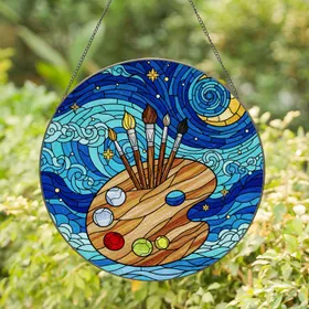 Artist Palette Paintbrush Starry Night Moon Swirling Sky - Glowing Jewel Tones Stained Glass Suncatcher