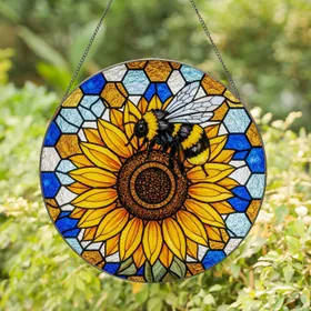 Bumblebee Sunflower Honeycomb Stained Glass - Tiffany Style Hexagonal Jewel Tones Stained Glass Suncatcher