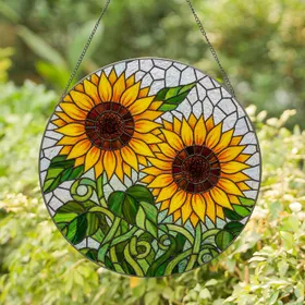 Tiffany Style Sunflower Stained Glass Mosaic - Detailed Green Foliage & Iridescent White Stained Glass Suncatcher